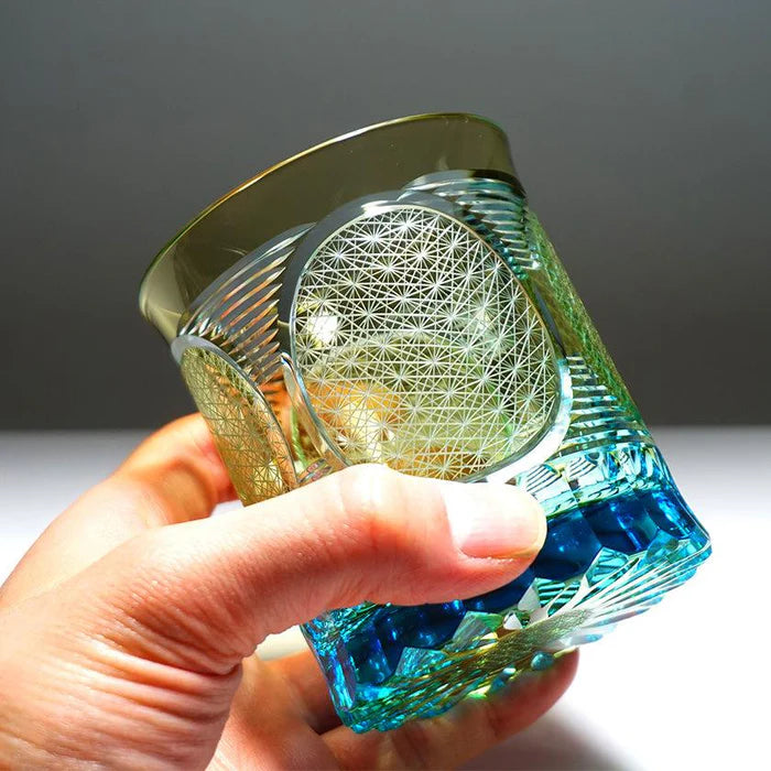 Nichi Rin Kiriko glass, Japanese rocks glass, hand-cut Kiriko glassware, Tokyo artisan glass, sun and moon motif glass, Japanese crystal tumbler, Rinzen Kiriko glass, symbolic Japanese glassware, hand-polished soda glass, collectible Japanese cut glass, traditional Kiriko design, Japanese sunburst motif glass, Edo-style Kiriko brilliance
