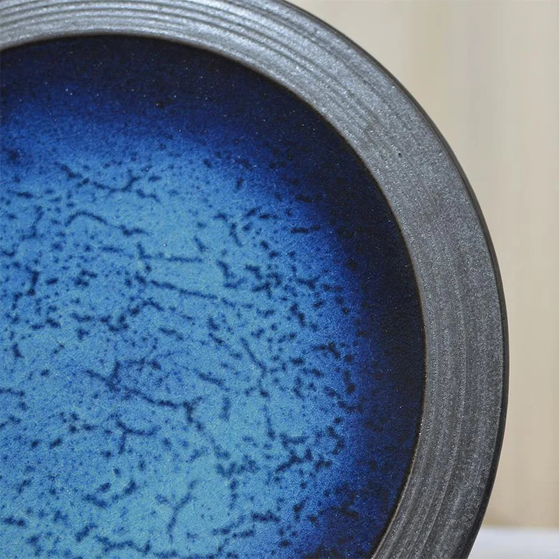 Otani ware plate, Mori Toki ceramics, Tokushima pottery, indigo ceramic plate, Japanese handmade plate, large decorative plate Japan, Awa indigo pottery, traditional Japanese ceramics, Japanese serving plate, artisan ceramic platter, modern Japanese tableware, handmade Japanese plate, collectible Japanese pottery, indigo glaze plate, decorative ceramic wall plate, wheel-thrown Japanese pottery