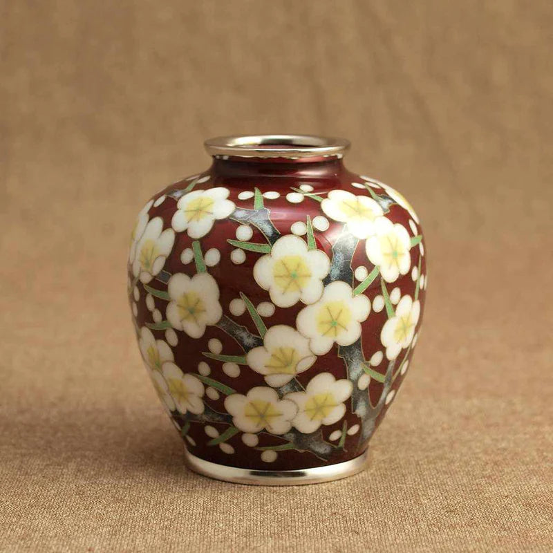 Owari cloisonne vase, Japanese cloisonne plum blossom, red cloisonne enamel vase, Kato Shippo vase, Japanese enamel art, plum blossom decorative vase, wired cloisonne Meiji style, handcrafted Japanese cloisonne, small Japanese collectible vase, Aichi cloisonne craft, traditional Japanese plum design, spherical cloisonne vase, luxury Japanese home decor, enamel art vase Japan, wired enamel plum vase.