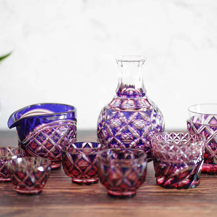 Satsuma Kiriko glass, Satsuma cut glass pitcher set, Satsuma Vidro crystal, Japanese cut glass sake set, double-layer overlay glass, lapis lazuli and gold red crystal, handmade Japanese drinkware, Kagoshima glassware, Satsuma Kiriko sake pitcher, artisan Japanese glass, paulownia box gift set, symbolic Japanese tableware, luxury Japanese glass set, traditional Japanese cut crystal