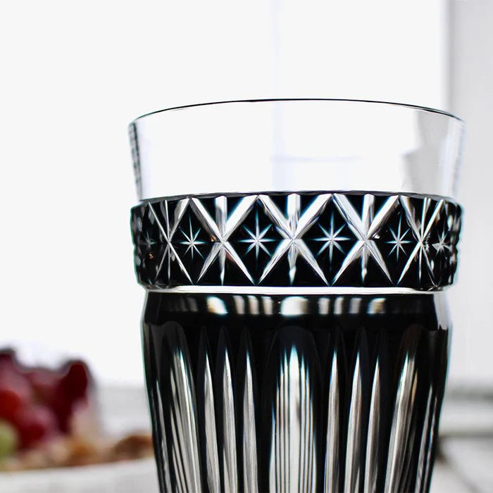 Satsuma Kiriko glass, black Kiriko glass, Japanese cut glass, Satsuma Vidro glass, Kagoshima Kiriko glass, traditional Japanese glassware, Satsuma faceted glass, Japanese black crystal glass, handmade Japanese glass, Satsuma Bidoro Kogei, Edo period glass revival, Japanese gift glassware, Kiriko drinking glass, artisan Japanese cut crystal, Paulownia box gift glass, collectible Japanese glass, traditional Kagoshima craftsmanship