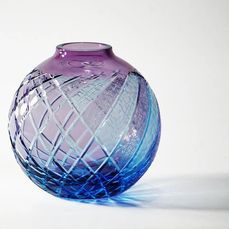 Yoasobi Kiriko vase, Rinzen Japanese glass, hand-cut glass vase Japan, purple blue gradient vase, round Kiriko vase, natural soda glass vase, Japanese artisan vase, traditional Kiriko craftsmanship, Tokyo glass vase, small decorative vase Japan, Japanese spherical vase, hand-polished Kiriko glass, collectible Japanese glass art, Edo-style glass cutting vase