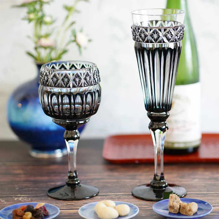 Black Kiriko glass, Satsuma Kiriko glass, Japanese cut glass, Satsuma cut crystal, handmade crystal glass Japan, Kagoshima glassware, Japanese black glass, luxury Japanese glass, artisan crystal glass, traditional Japanese craftsmanship, paulownia box glass, Edo period glass revival, Japanese giftware