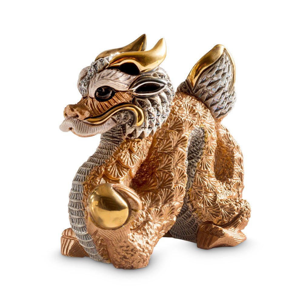 Chinese dragon figurine with gold and enamel detail, symbol of power, luck, and cultural tradition. Handmade with platinum accents. Perfect for feng shui or cultural décor. Gold, Enamel & Platinum Detailing.