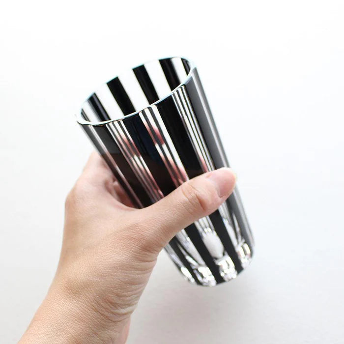 Edo Kiriko glass, Edo cut glassware, Kuroco glass, Japanese black glass, Kimoto Glassware, striped Edo Kiriko tumbler, checkered Edo glass, Japanese artisan glass, Tokyo glassware, handcrafted Japanese glass, traditional Japanese faceted glass, modern Japanese tableware, collectible Japanese glass, Edo faceted design, Japanese soda glassware