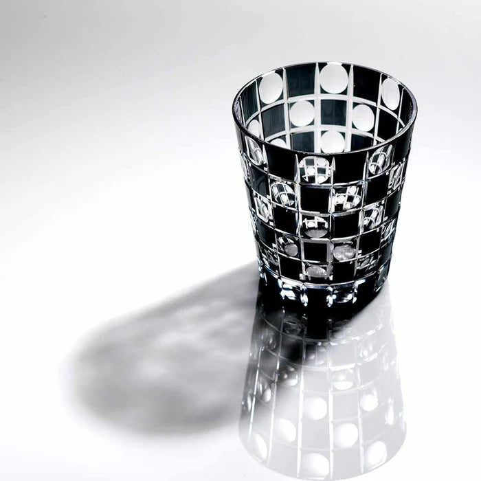 Edo Kiriko glass, Kuroco glass, Japanese cut glass, Edo Kiriko black glass, Kimoto glassware, checkered glass, Japanese whiskey glass, Edo Kiriko old glass, handcrafted glass Tokyo, Japanese luxury glassware, modern Edo Kiriko, Ichimatsu pattern glass, Japanese faceted glass, traditional Japanese giftware