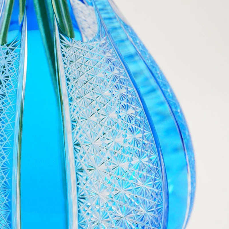 Japanese Kiriko vase, Edo Kiriko glassware, hand-cut Japanese glass, blue gradation vase, asanoha pattern vase, Tokyo artisan glass, Japanese cut glass vase, handmade soda glass vase, traditional Japanese vase, luxury Japanese home decor, Rinzen Kiriko vase, one-of-a-kind Japanese vase, blue Japanese flower vase, handcrafted Edo Kiriko vase, Japanese artisan gift, Tokyo Kiriko craftsmanship, Kagami Crystal reseller, Japanese wedding gift vase, Japanese ikebana vase, premium Japanese glass art
