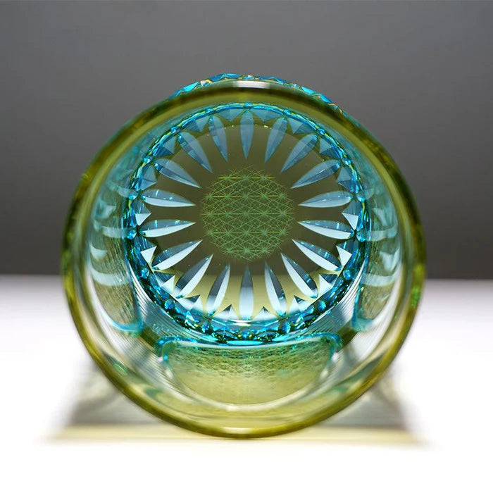 Nichi Rin Kiriko glass, Japanese rocks glass, hand-cut Kiriko glassware, Tokyo artisan glass, sun and moon motif glass, Japanese crystal tumbler, Rinzen Kiriko glass, symbolic Japanese glassware, hand-polished soda glass, collectible Japanese cut glass, traditional Kiriko design, Japanese sunburst motif glass, Edo-style Kiriko brilliance