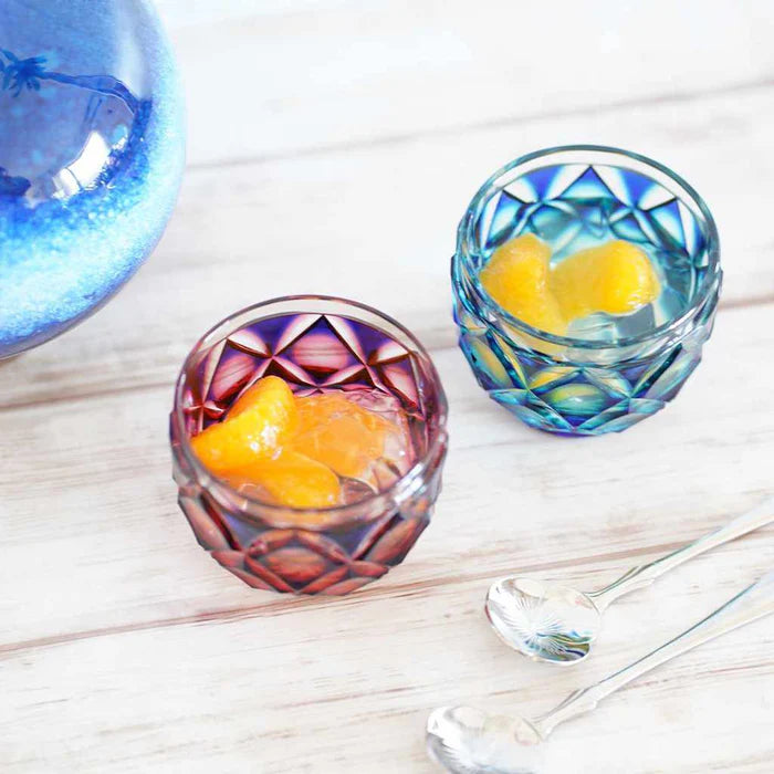 Satsuma Kiriko glass, Satsuma cut glass pitcher set, Satsuma Vidro crystal, Japanese cut glass sake set, double-layer overlay glass, lapis lazuli and gold red crystal, handmade Japanese drinkware, Kagoshima glassware, Satsuma Kiriko sake pitcher, artisan Japanese glass, paulownia box gift set, symbolic Japanese tableware, luxury Japanese glass set, traditional Japanese cut crystal