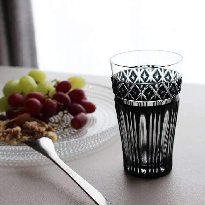 Satsuma Kiriko glass, black Kiriko glass, Japanese cut glass, Satsuma Vidro glass, Kagoshima Kiriko glass, traditional Japanese glassware, Satsuma faceted glass, Japanese black crystal glass, handmade Japanese glass, Satsuma Bidoro Kogei, Edo period glass revival, Japanese gift glassware, Kiriko drinking glass, artisan Japanese cut crystal, Paulownia box gift glass, collectible Japanese glass, traditional Kagoshima craftsmanship