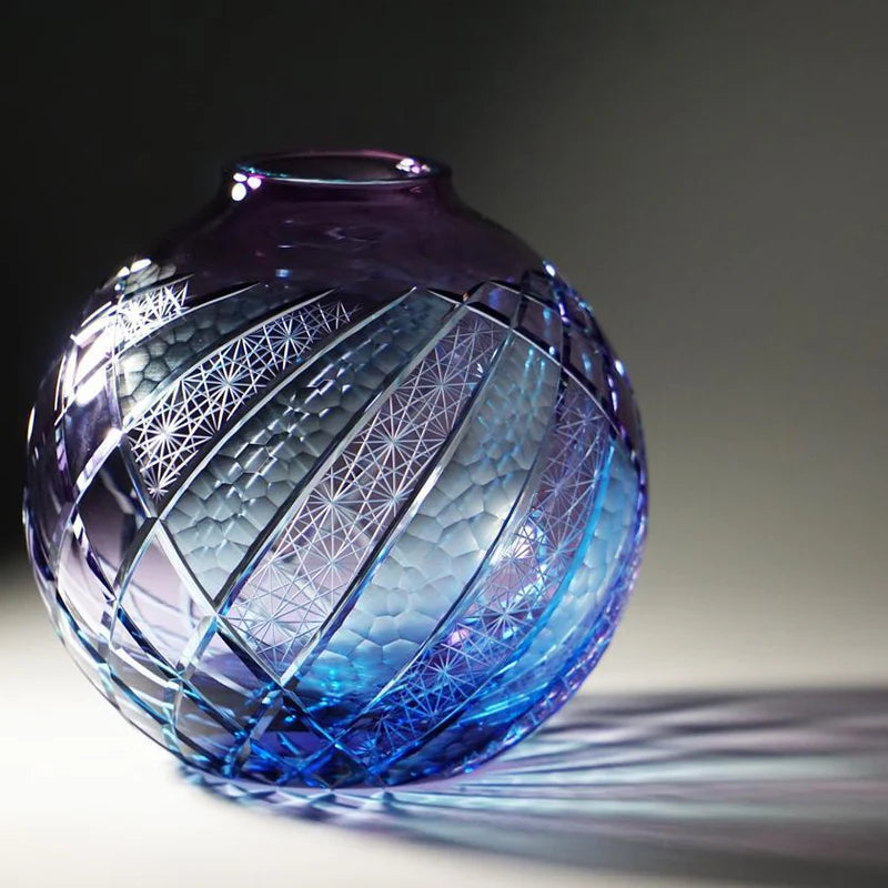 Yoasobi Kiriko vase, Rinzen Japanese glass, hand-cut glass vase Japan, purple blue gradient vase, round Kiriko vase, natural soda glass vase, Japanese artisan vase, traditional Kiriko craftsmanship, Tokyo glass vase, small decorative vase Japan, Japanese spherical vase, hand-polished Kiriko glass, collectible Japanese glass art, Edo-style glass cutting vase