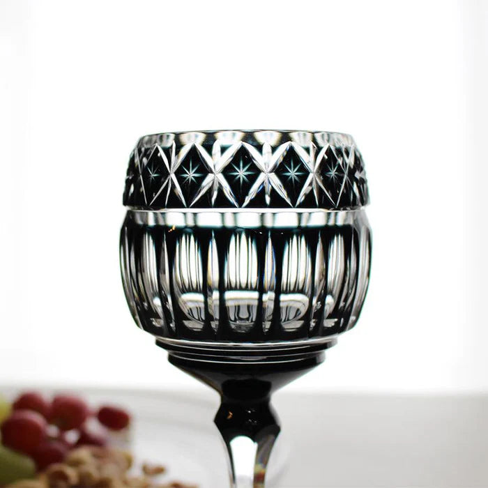 black Satsuma Kiriko glass, Japanese cut glassware, luxury Japanese tableware, handcrafted faceted glass Japan, Satsuma Vidro artisan glass, black crystal glass cup Kagoshima, traditional Japanese craft stemware, paulownia wood gift box Japanese glass, Japanese décor collectible glassware, Edo period Satsuma cut glass, modern Japanese luxury drinking glass, handmade Japanese glass gift, black Kiriko faceted glass, Kagoshima traditional craft, Japanese artisan stemware, luxury Japanese décor, crystal faceted