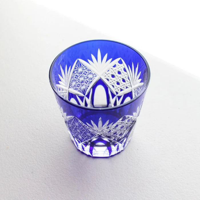 Edo Kiriko glass, Edo cut glass tumbler, Edo cut glass old fashioned, Japanese cut glassware, handmade Edo glass, Kimoto Glassware Edo Kiriko, red and blue Edo glass set, Japanese lattice glass pattern, chrysanthemum Edo cut glass, traditional Japanese glass gift, Japanese artisan glassware, hand-cut glass Japan, luxury Edo glass tumbler pair, symbolic Japanese tableware