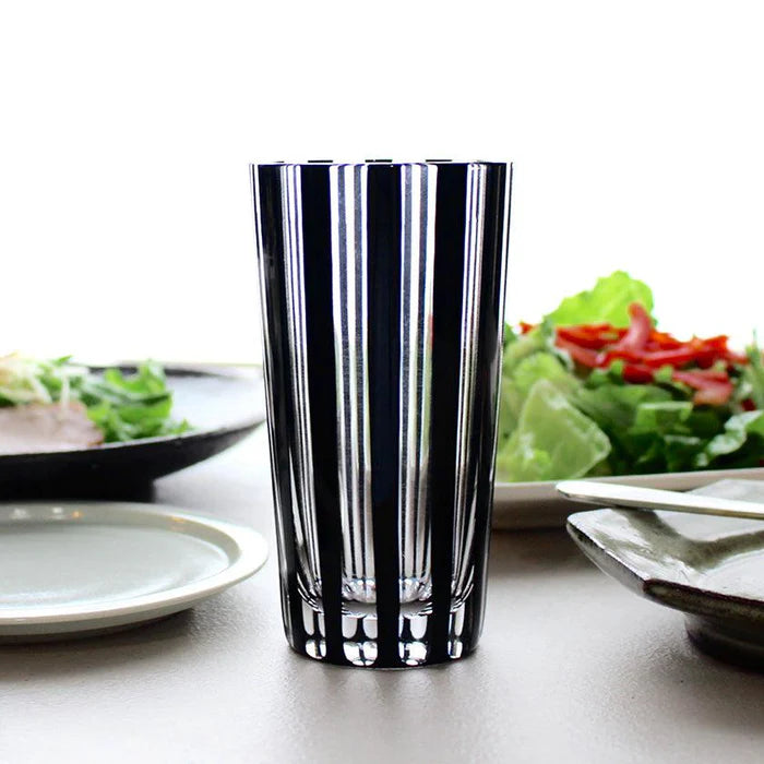 Edo Kiriko glass, Edo cut glassware, Kuroco glass, Japanese black glass, Kimoto Glassware, striped Edo Kiriko tumbler, checkered Edo glass, Japanese artisan glass, Tokyo glassware, handcrafted Japanese glass, traditional Japanese faceted glass, modern Japanese tableware, collectible Japanese glass, Edo faceted design, Japanese soda glassware