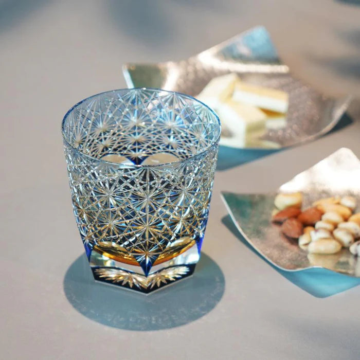 Edo Kiriko glass, Kagami Crystal rocks glass, Japanese cut glass, Kasaneirome Tamamai glass, Kasaneirome Ogiku glass, Hideaki Shinozaki Edo Kiriko, Junichi Nabetani Edo Kiriko, chrysanthemum glass Japan, kaleidoscope Edo Kiriko, Japanese artisan glassware, layered color crystal glass, handcrafted Edo faceted glass, luxury Japanese rocks glass, Ibaraki crystal glassware, Edo Kiriko collector glass