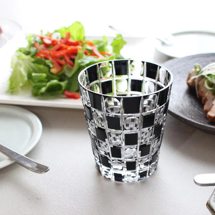 Edo Kiriko glass, Kuroco glass, Japanese cut glass, Edo Kiriko black glass, Kimoto glassware, checkered glass, Japanese whiskey glass, Edo Kiriko old glass, handcrafted glass Tokyo, Japanese luxury glassware, modern Edo Kiriko, Ichimatsu pattern glass, Japanese faceted glass, traditional Japanese giftware