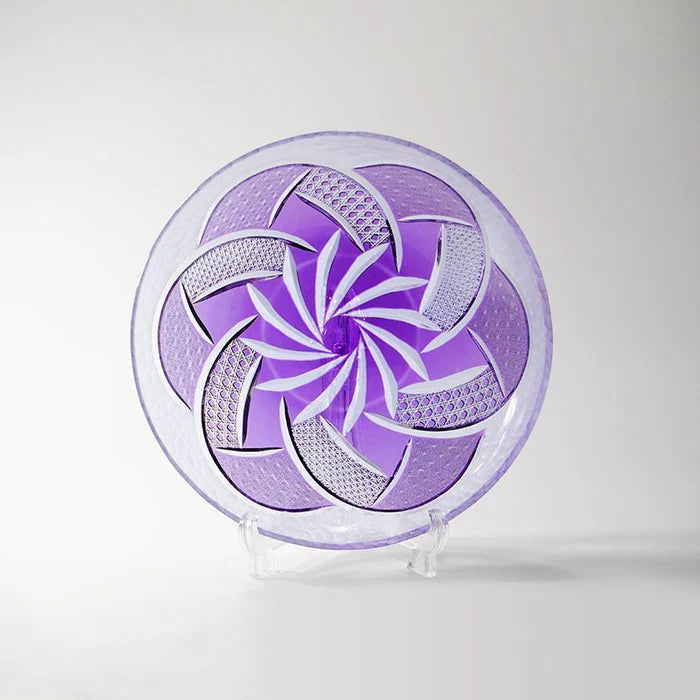 Fu Rin Kiriko plate, Japanese cut glass plate, rinzen glassware, purple Kiriko plate, handmade Japanese glass plate, Tokyo glass artisans, traditional Kiriko glass, Japanese decorative plate, hand-cut glassware Japan, Edo Kiriko style plate, soda glass Japan, luxury Japanese tableware, artisan Japanese glass dish, Japanese giftware plate