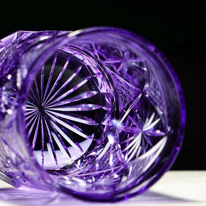 Japanese Kiriko rocks glass, Ginwan no Hana glass, Edo Kiriko drinking glass, traditional Japanese cut glass, purple Kiriko glass, blue and orange Kiriko glass, hand-cut Japanese glassware, chrysanthemum motif glass Japan, Tokyo artisan glass, Japanese starburst glass design, collectible Kiriko tumbler, handmade soda glass Japan, luxury Japanese cut glass, Japanese cultural gift glass, Edo Kiriko chrysanthemum cut glass