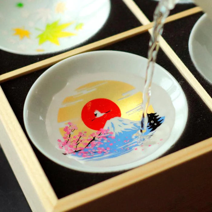 Mino ware color changing cups, Japanese ceramic cup set, Marumo Takagi cups, Shun Japan porcelain, color changing Japanese pottery, four seasons Japanese cups, Mt. Fuji design cup, Kabuki design Japanese ware, cherry blossom ceramic set, handmade Japanese ceramic gift, Gifu prefecture pottery, collectible Japanese ceramic cups, Japanese souvenir cup set, traditional Japanese giftware