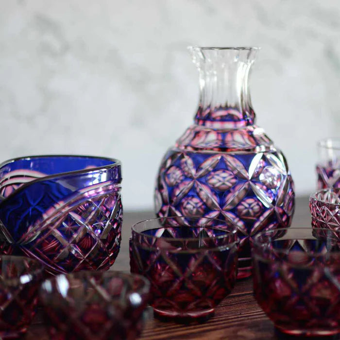 Satsuma Kiriko, Satsuma cut glass, Japanese crystal carafe, Satsuma Vidro, handmade Japanese glassware, lapis lazuli glass carafe, gold red cut glass, green cut glass, Japanese crystal set, traditional Japanese glass, Kagoshima glassware, Edo period glass technique, Japanese tableware gift, artisan cut crystal, paulownia gift box glassware, Japanese craftsmanship glass