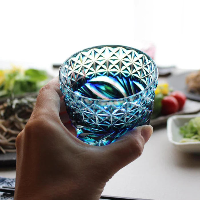 Satsuma Kiriko glass, Satsuma faceted glass, Kagoshima cut glass, Japanese soba choko cups, double-layer crystal glass Japan, lapis lazuli cut glass, Edo-period Satsuma glass revival, Japanese chrysanthemum motif glassware, flowing water pattern glass, handmade crystal glass Japan, Satsuma Vidro faceted cups, traditional Japanese cut glass gifts, paulownia wood box Japanese giftware, Japanese soba cup set