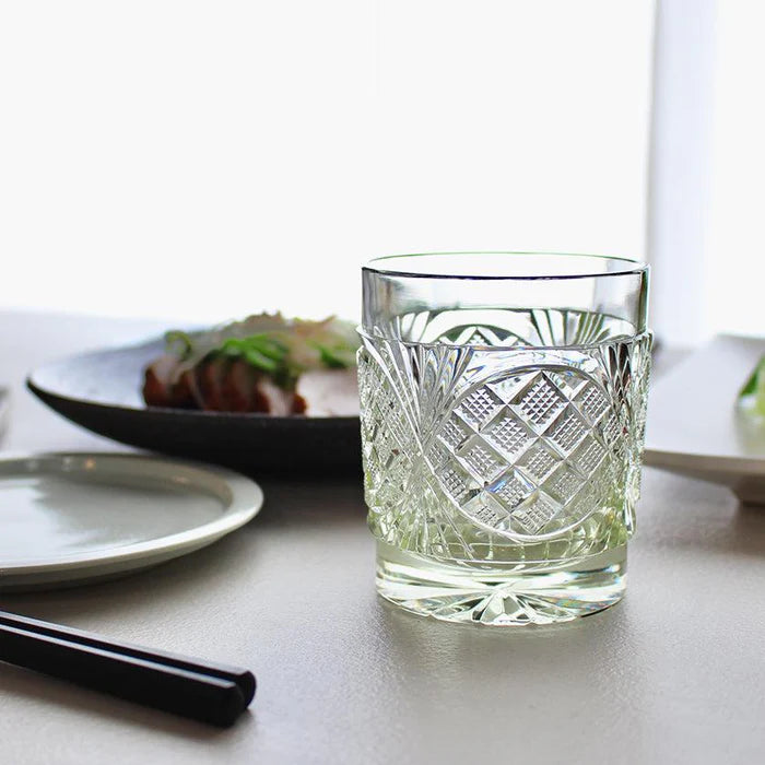 Satsuma cut glass, Satsuma Vidro old glass, Japanese crystal glassware, handcrafted cut glass Japan, Edo period inspired glass, paulownia wood box glass, Japanese artisan tumbler, gold purple glass, gold red glass, indigo Satsuma glass, lapis lazuli cut glass, green crystal tumbler Japan, yellow crystal glassware, luxury Japanese gift glass, Kagoshima glass craft