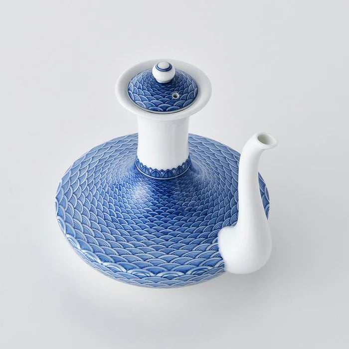 Seigaiha teapot set, Japanese porcelain tea set, Mikawachi ware tea set, Hirado Shozan porcelain, Japanese wave pattern cups, blue and white porcelain Japan, traditional Japanese tea set, Seigaiha motif pottery, Nagasaki porcelain ware, hand-painted Japanese ceramics, Hirado teapot and cup set, ocean wave design porcelain, Japanese gift tea set, artisanal porcelain Japan