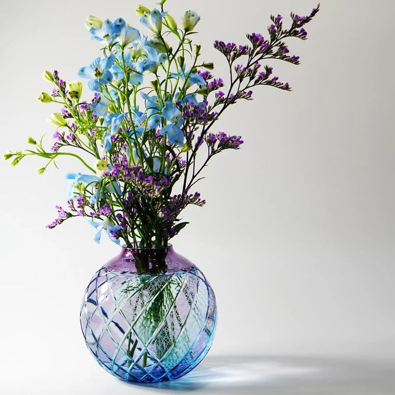 Yoasobi Kiriko vase, Rinzen Japanese glass, hand-cut glass vase Japan, purple blue gradient vase, round Kiriko vase, natural soda glass vase, Japanese artisan vase, traditional Kiriko craftsmanship, Tokyo glass vase, small decorative vase Japan, Japanese spherical vase, hand-polished Kiriko glass, collectible Japanese glass art, Edo-style glass cutting vase