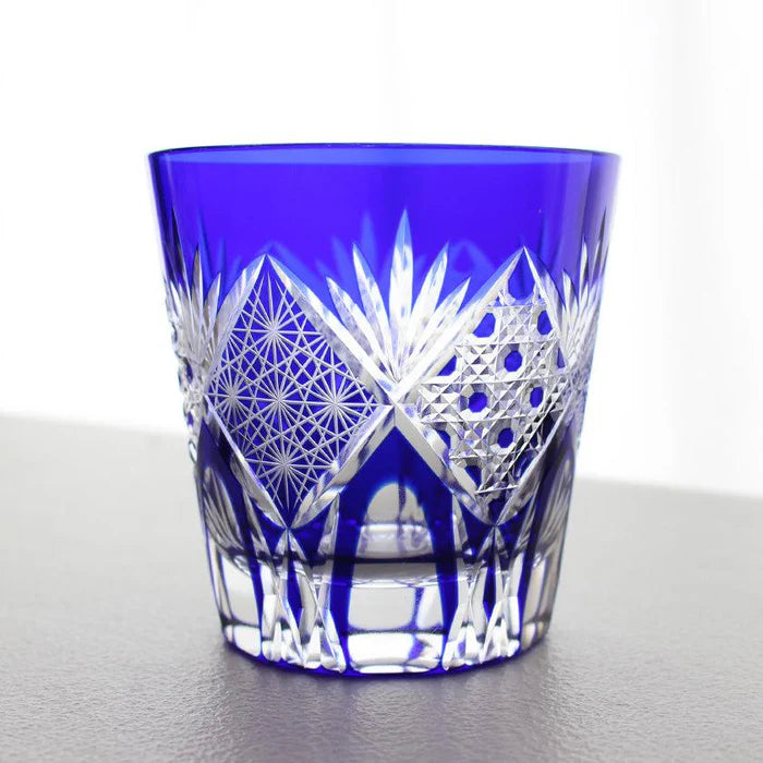 Edo Kiriko glass, Edo cut glass tumbler, Edo cut glass old fashioned, Japanese cut glassware, handmade Edo glass, Kimoto Glassware Edo Kiriko, red and blue Edo glass set, Japanese lattice glass pattern, chrysanthemum Edo cut glass, traditional Japanese glass gift, Japanese artisan glassware, hand-cut glass Japan, luxury Edo glass tumbler pair, symbolic Japanese tableware