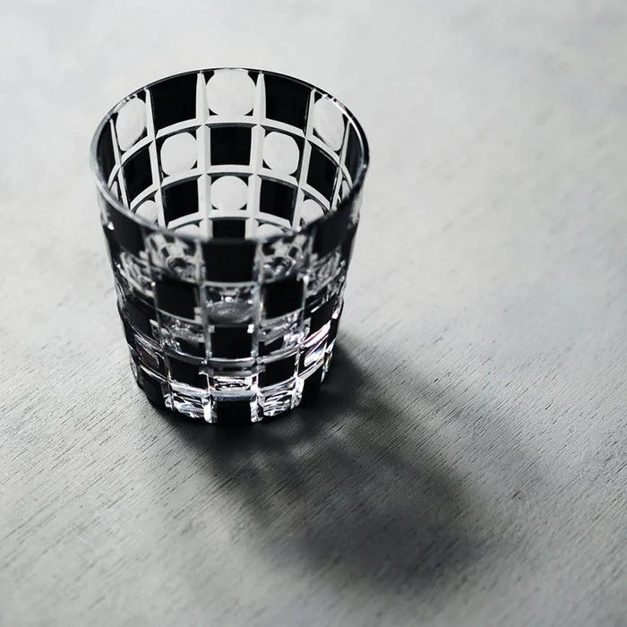 Edo Kiriko glass, Edo cut glassware, Kuroco glass, Japanese black glass, Kimoto Glassware, striped Edo Kiriko tumbler, checkered Edo glass, Japanese artisan glass, Tokyo glassware, handcrafted Japanese glass, traditional Japanese faceted glass, modern Japanese tableware, collectible Japanese glass, Edo faceted design, Japanese soda glassware