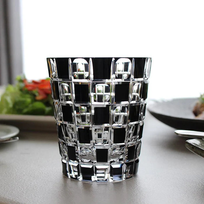 Edo Kiriko glass, Kuroco glass, Japanese cut glass, Edo Kiriko black glass, Kimoto glassware, checkered glass, Japanese whiskey glass, Edo Kiriko old glass, handcrafted glass Tokyo, Japanese luxury glassware, modern Edo Kiriko, Ichimatsu pattern glass, Japanese faceted glass, traditional Japanese giftware