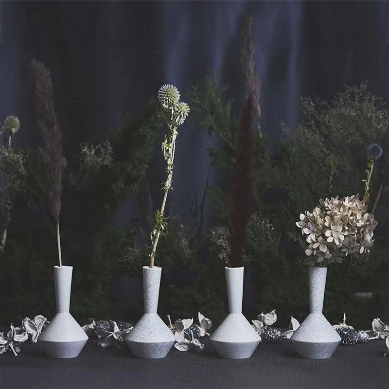 Foo Tokyo porcelain vase, Japanese porcelain flower vase, Mino Gifu handcrafted vase, acanthus motif vase, karakusa pattern vase, gray porcelain vase Japan, white porcelain vase Japan, modern Japanese home decor, single flower porcelain vase, minimalist Japanese vase, artisan handmade porcelain vase, symbolic Japanese ceramic, contemporary Japanese pottery
