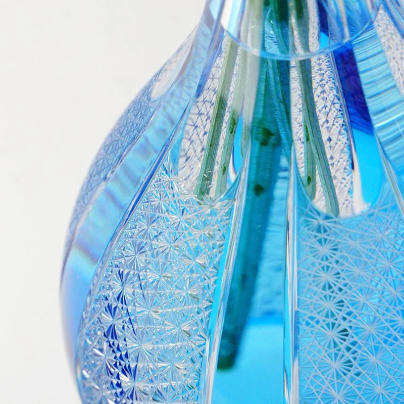 Japanese Kiriko vase, Edo Kiriko glassware, hand-cut Japanese glass, blue gradation vase, asanoha pattern vase, Tokyo artisan glass, Japanese cut glass vase, handmade soda glass vase, traditional Japanese vase, luxury Japanese home decor, Rinzen Kiriko vase, one-of-a-kind Japanese vase, blue Japanese flower vase, handcrafted Edo Kiriko vase, Japanese artisan gift, Tokyo Kiriko craftsmanship, Kagami Crystal reseller, Japanese wedding gift vase, Japanese ikebana vase, premium Japanese glass art