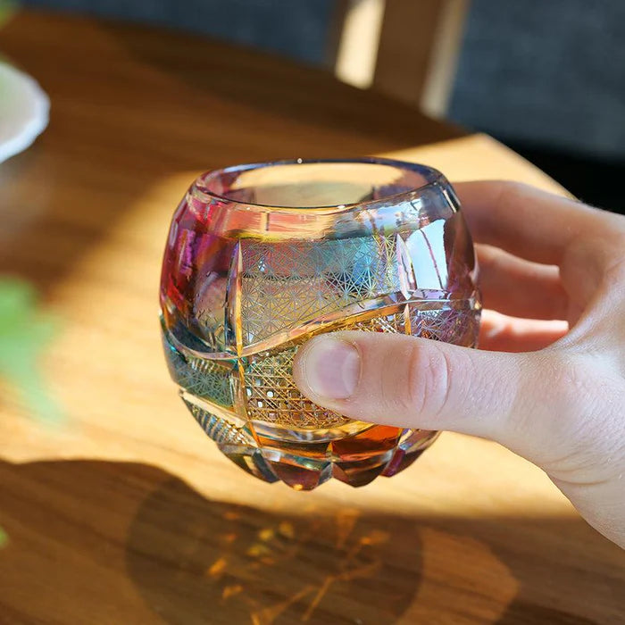 Kiriko Reimagined Glass, limited edition Japanese glass, Haruka Horie glass art, Rinzen glassware, traditional Kiriko cut glass, handmade Japanese glass, Tokyo artisan glass, collectible Japanese glassware, Kiku Tsunagi pattern, Kagome lattice glass, Nanako Edo Kiriko design, Japanese cultural gifts, rare Japanese glassware, hand-cut Japanese soda glass, modern Japanese craftsmanship