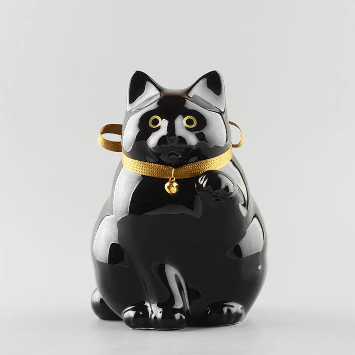 Maneki Neko coin bank, porcelain lucky cat bank, Hizen Yoshida Ware Maneki Neko, KataKoto beckoning cat, Japanese money box cat, black Maneki Neko bank, white Maneki Neko bank, Japanese store opening gift, ceramic cat coin bank, traditional Japanese porcelain cat, chubby lucky cat figurine, handcrafted Maneki Neko Japan, black gold lucky cat ornament, white navy Maneki Neko money bank, Japanese prosperity charm, artisan porcelain Maneki Neko.