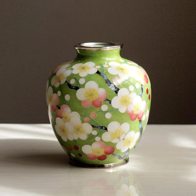 Owari cloisonne vase, Japanese cloisonne art, ume-zume plum blossom vase, Kato Shippo Seisakusyo vase, Japanese enamelware, wired cloisonne vase, Japanese decorative vase, black cloisonne vase, yellow cloisonne vase, Japanese handcrafted vase, plum blossom symbolism Japan, small Japanese art vase, cloisonne collector’s item, Aichi Prefecture artisan vase, traditional Japanese enamel vase