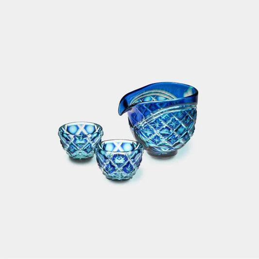 Satsuma Kiriko glass, Satsuma cut glass pitcher set, Satsuma Vidro crystal, Japanese cut glass sake set, double-layer overlay glass, lapis lazuli and gold red crystal, handmade Japanese drinkware, Kagoshima glassware, Satsuma Kiriko sake pitcher, artisan Japanese glass, paulownia box gift set, symbolic Japanese tableware, luxury Japanese glass set, traditional Japanese cut crystal