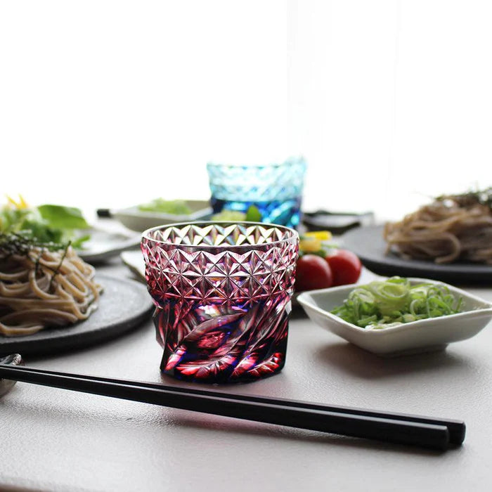 Satsuma Kiriko glass, Satsuma faceted glass, Kagoshima cut glass, Japanese soba choko cups, double-layer crystal glass Japan, lapis lazuli cut glass, Edo-period Satsuma glass revival, Japanese chrysanthemum motif glassware, flowing water pattern glass, handmade crystal glass Japan, Satsuma Vidro faceted cups, traditional Japanese cut glass gifts, paulownia wood box Japanese giftware, Japanese soba cup set