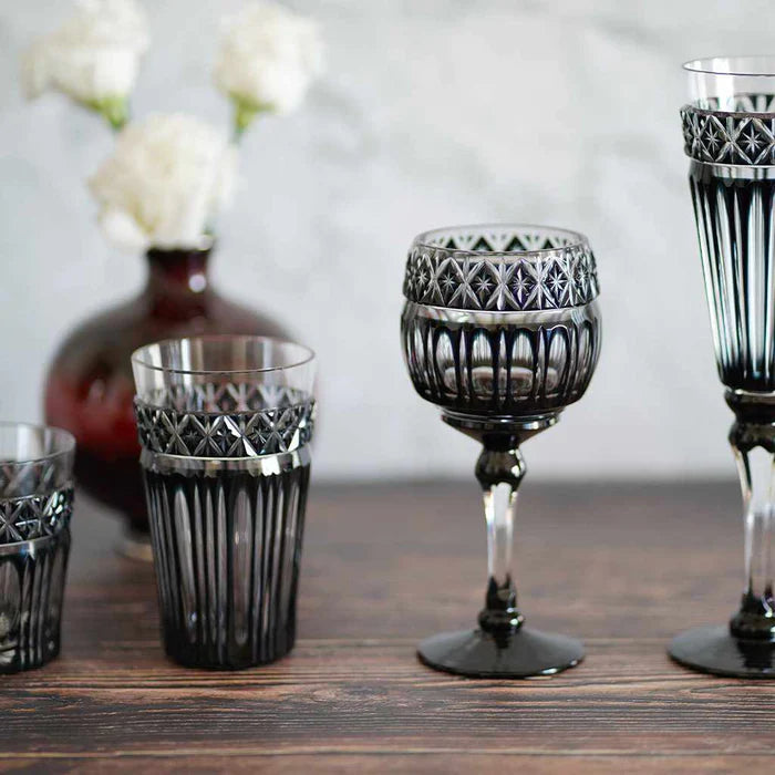 Satsuma Kiriko glass, black Kiriko glass, Japanese cut glass, Satsuma Vidro glass, Kagoshima Kiriko glass, traditional Japanese glassware, Satsuma faceted glass, Japanese black crystal glass, handmade Japanese glass, Satsuma Bidoro Kogei, Edo period glass revival, Japanese gift glassware, Kiriko drinking glass, artisan Japanese cut crystal, Paulownia box gift glass, collectible Japanese glass, traditional Kagoshima craftsmanship