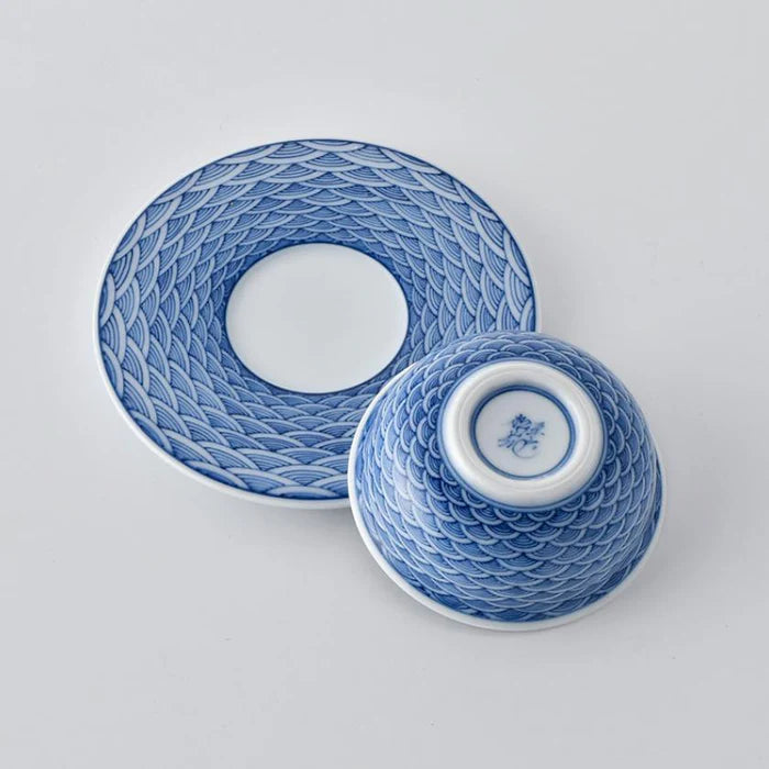 Seigaiha teapot set, Japanese porcelain tea set, Mikawachi ware tea set, Hirado Shozan porcelain, Japanese wave pattern cups, blue and white porcelain Japan, traditional Japanese tea set, Seigaiha motif pottery, Nagasaki porcelain ware, hand-painted Japanese ceramics, Hirado teapot and cup set, ocean wave design porcelain, Japanese gift tea set, artisanal porcelain Japan