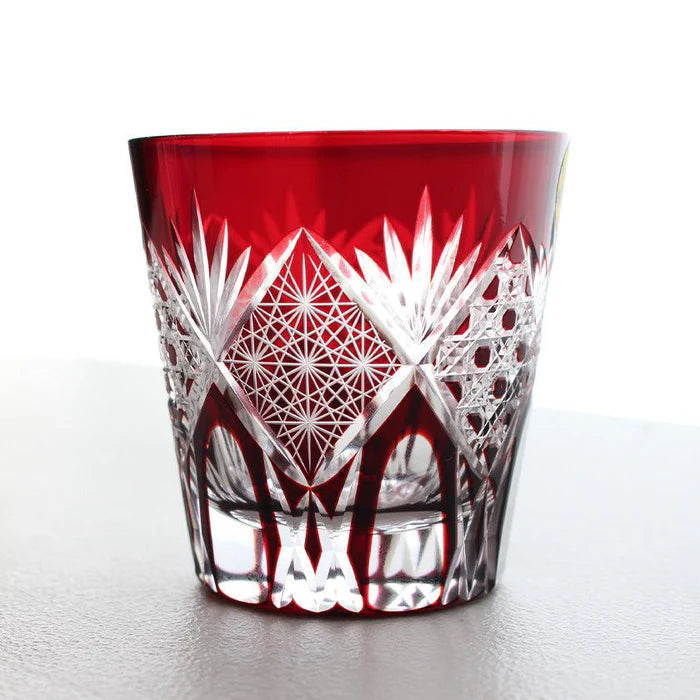 Edo Kiriko glass, Edo cut glass tumbler, Edo cut glass old fashioned, Japanese cut glassware, handmade Edo glass, Kimoto Glassware Edo Kiriko, red and blue Edo glass set, Japanese lattice glass pattern, chrysanthemum Edo cut glass, traditional Japanese glass gift, Japanese artisan glassware, hand-cut glass Japan, luxury Edo glass tumbler pair, symbolic Japanese tableware