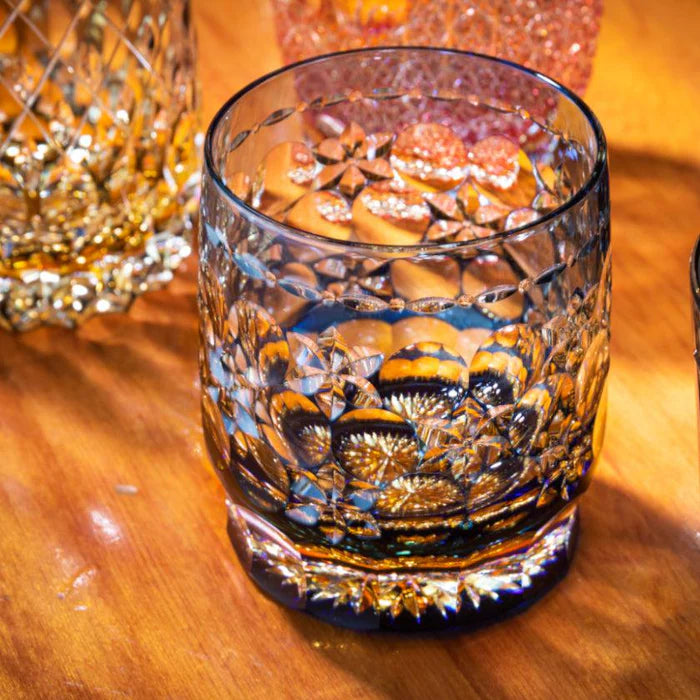 Edo Kiriko glass, Kagami Crystal rocks glass, Japanese cut glass, Kasaneirome Tamamai glass, Kasaneirome Ogiku glass, Hideaki Shinozaki Edo Kiriko, Junichi Nabetani Edo Kiriko, chrysanthemum glass Japan, kaleidoscope Edo Kiriko, Japanese artisan glassware, layered color crystal glass, handcrafted Edo faceted glass, luxury Japanese rocks glass, Ibaraki crystal glassware, Edo Kiriko collector glass