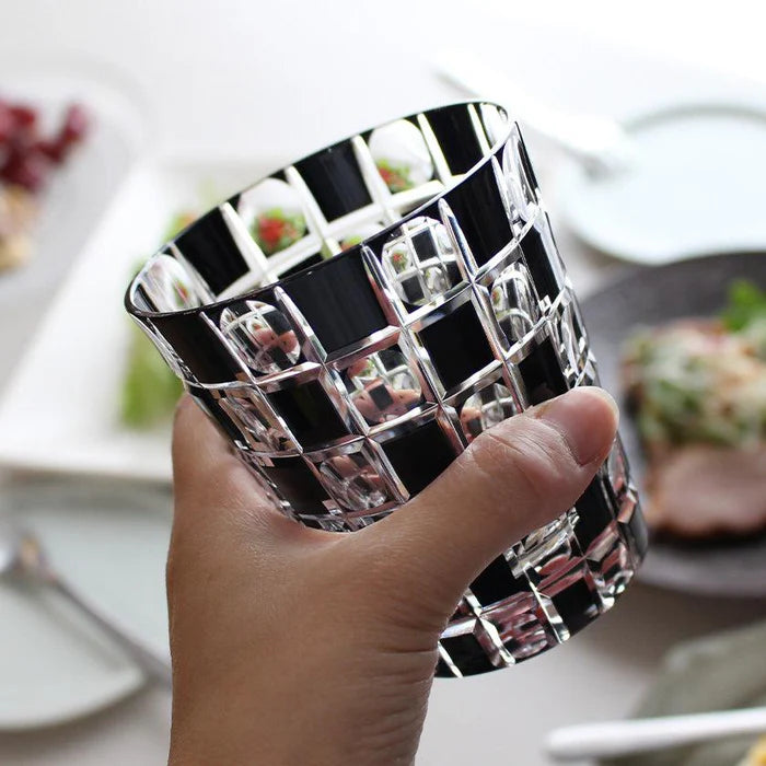 Edo Kiriko glass, Kuroco glass, Japanese cut glass, Edo Kiriko black glass, Kimoto glassware, checkered glass, Japanese whiskey glass, Edo Kiriko old glass, handcrafted glass Tokyo, Japanese luxury glassware, modern Edo Kiriko, Ichimatsu pattern glass, Japanese faceted glass, traditional Japanese giftware