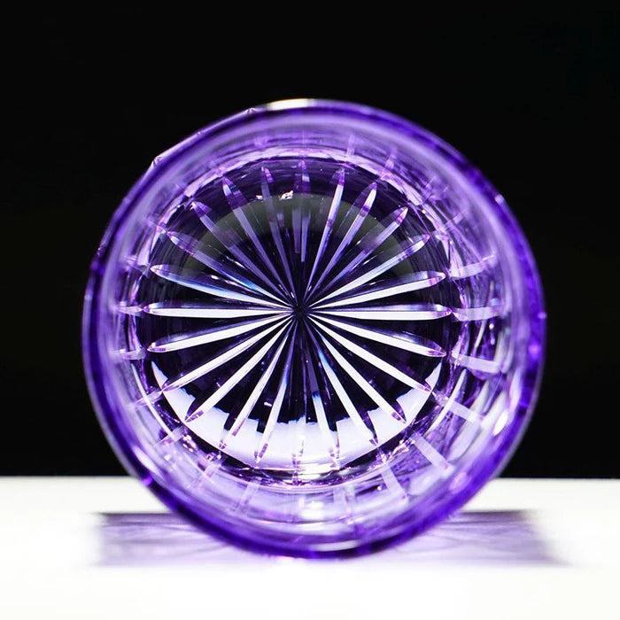 Japanese Kiriko rocks glass, Ginwan no Hana glass, Edo Kiriko drinking glass, traditional Japanese cut glass, purple Kiriko glass, blue and orange Kiriko glass, hand-cut Japanese glassware, chrysanthemum motif glass Japan, Tokyo artisan glass, Japanese starburst glass design, collectible Kiriko tumbler, handmade soda glass Japan, luxury Japanese cut glass, Japanese cultural gift glass, Edo Kiriko chrysanthemum cut glass