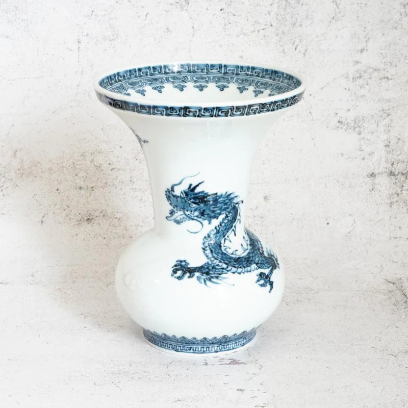 Mikawachi ware vase, Japanese dragon vase, Hirado Shozan porcelain, blue and white porcelain vase, Nagasaki pottery, Japanese porcelain art, indigo dragon vase, traditional Japanese ceramics, dragon motif home décor, Japanese gift vase, blue dragon porcelain, Asian dragon symbolism vase, hand-painted porcelain Japan, Japanese decorative vase, luxury porcelain home décor, Mikawachi dragon design, cultural Japanese gifts, auspicious Japanese art