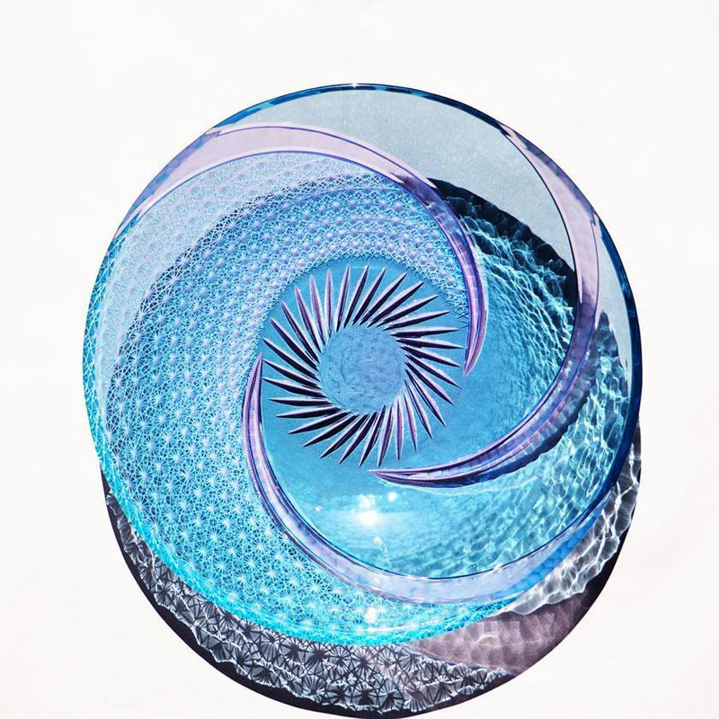 Nagare Kiku plate, Rinzen Kiriko, Japanese glass plate, hand-polished glassware, Tokyo glass artisan, soda glass plate Japan, chrysanthemum motif plate, Asanoha pattern glass, luxury Japanese tableware, collectible Kiriko plate, Japanese serving plate, traditional cut glass Japan, handmade Japanese gift, Kiriko art plate, symbolic Japanese tableware, decorative glass plate Japan