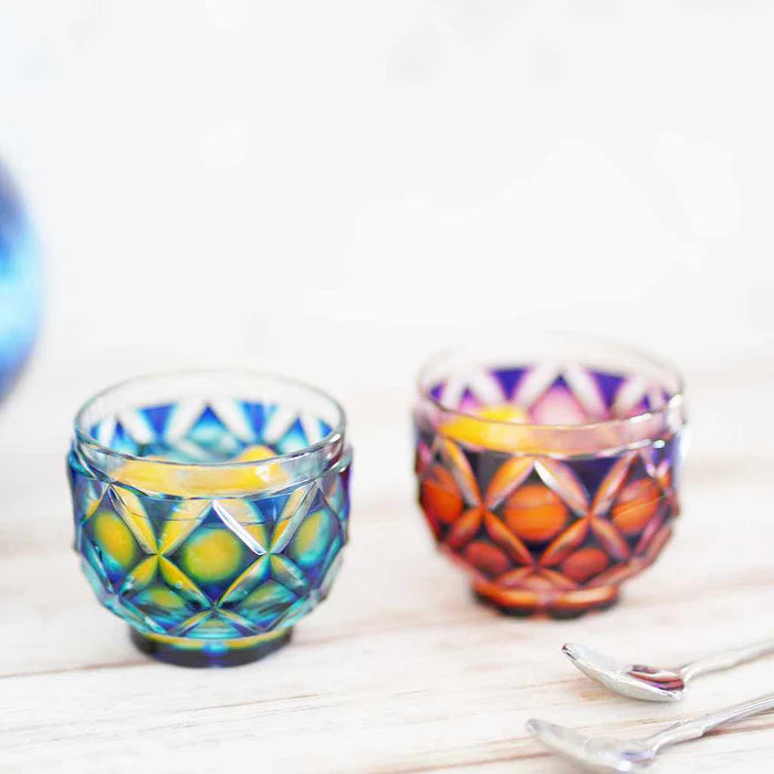 Satsuma Kiriko glass, Satsuma cut glass pitcher set, Satsuma Vidro crystal, Japanese cut glass sake set, double-layer overlay glass, lapis lazuli and gold red crystal, handmade Japanese drinkware, Kagoshima glassware, Satsuma Kiriko sake pitcher, artisan Japanese glass, paulownia box gift set, symbolic Japanese tableware, luxury Japanese glass set, traditional Japanese cut crystal