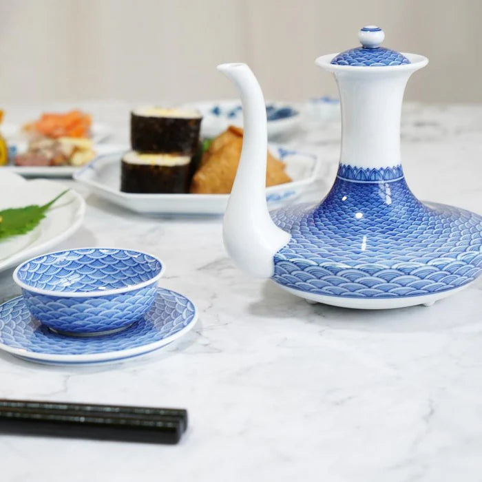 Seigaiha teapot set, Japanese porcelain tea set, Mikawachi ware tea set, Hirado Shozan porcelain, Japanese wave pattern cups, blue and white porcelain Japan, traditional Japanese tea set, Seigaiha motif pottery, Nagasaki porcelain ware, hand-painted Japanese ceramics, Hirado teapot and cup set, ocean wave design porcelain, Japanese gift tea set, artisanal porcelain Japan