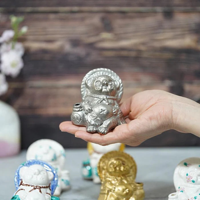Shigaraki ware tanuki, Japanese raccoon dog figurine, gold silver tanuki set, Yamasho Touki pottery, Japanese good luck charm, handmade tanuki ornament, Japanese folklore figurine, entrance good fortune talisman, traditional Shigaraki pottery, collectible Japanese tanuki, gold tanuki figurine Japan, silver tanuki figurine Japan, Shiga Prefecture pottery, lucky raccoon dog Japan, Japanese prosperity charm, handmade Japanese ceramic, tanuki statue for home, Japanese pottery gift set.