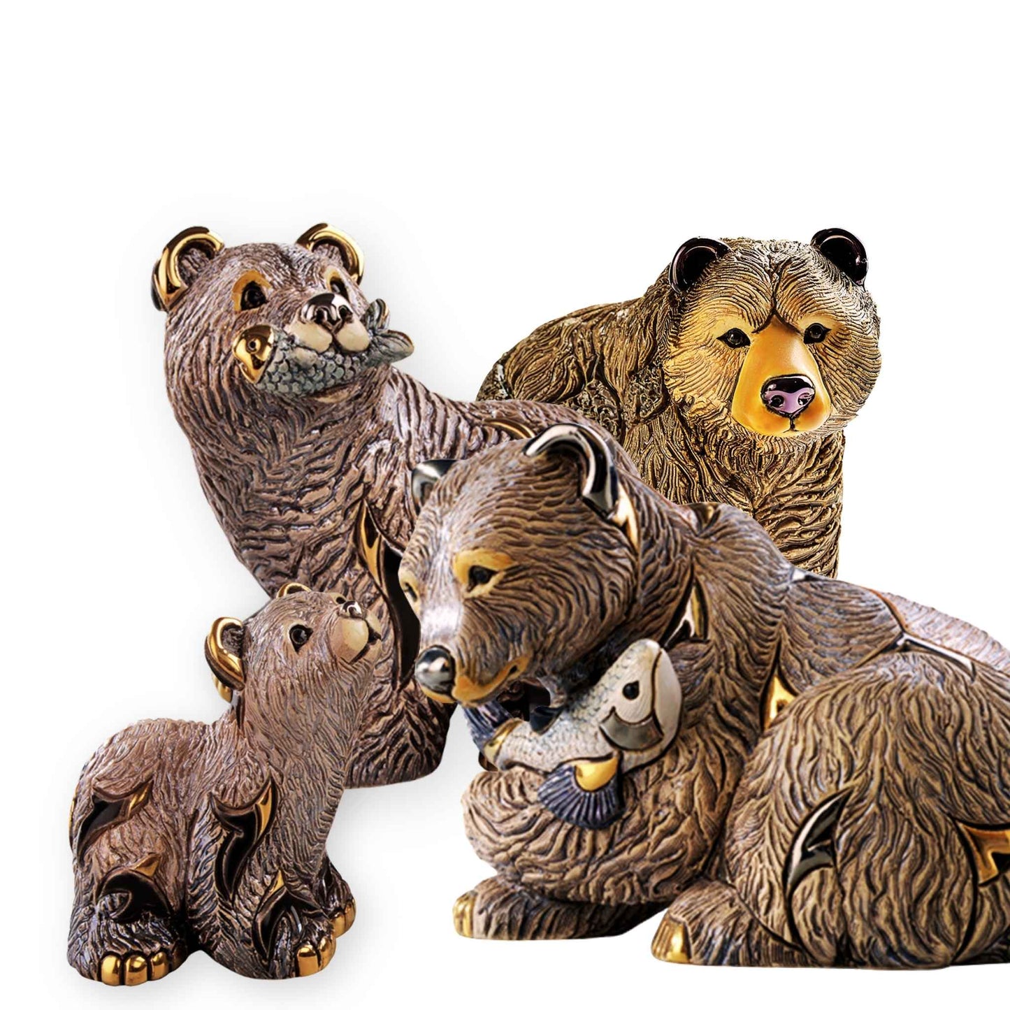 Bear family figurine set. Ceramic bear sculpture collection. Handcrafted grizzly bear statues. Bear and cub decorative art. Wildlife ceramic collectible bears. Animal figurines handmade in Uruguay. Bear home decor gift set. Symbolic bear statues with fish. Enamel bear sculpture bundle. Grizzly bear collectible figurines. Gold-accented bear carvings